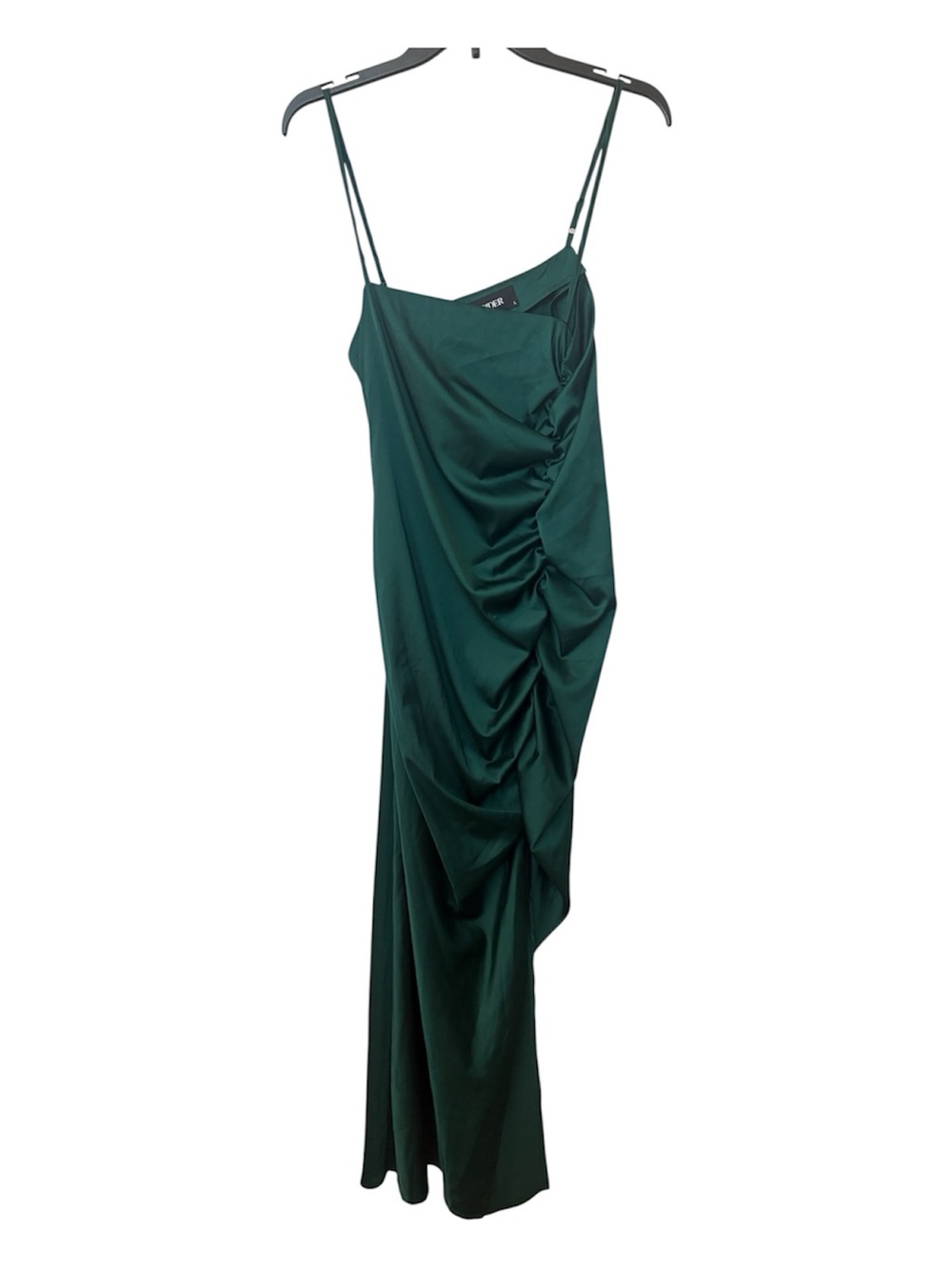 Cider Solid Satin Ruched Split Midi Cami Dress Emerald Green Night Out Large